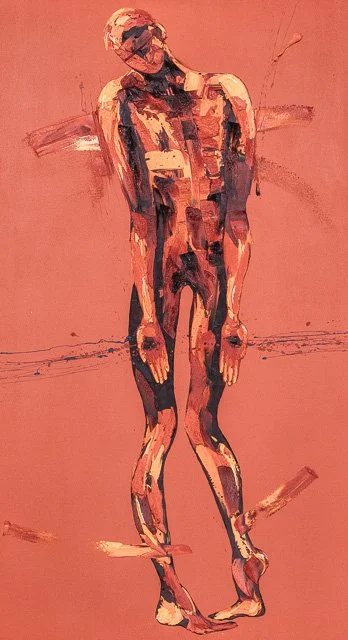 A painting of a standing man with his head tilted down, depicted in warm tones of orange, red, and black against a matching background.