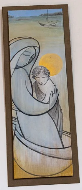 A religious painting of Mary and Jesus, with a landscape background, a boat on water, a blue sky, and a yellow sun.