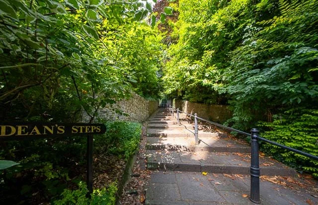 Stone staircase named Dean's Steps surrounded by lush green trees and bushes with a black metal handrail