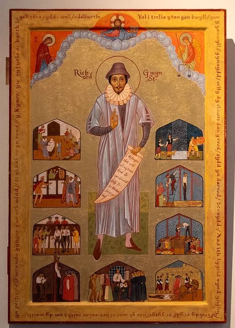 A religious icon depicting Saint Richard Gwynn, central figure with a halo, holding a scroll and a staff, surrounded by smaller scenes of biblical or religious events, and angels or saints at the top.