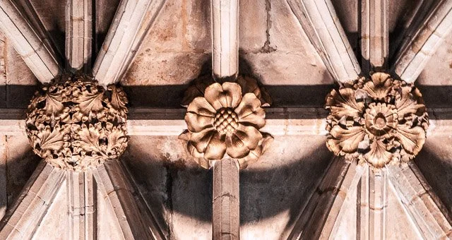 Close-up of intricately carved stone decorative motifs on a cathedral ceiling, featuring floral and geometric designs.