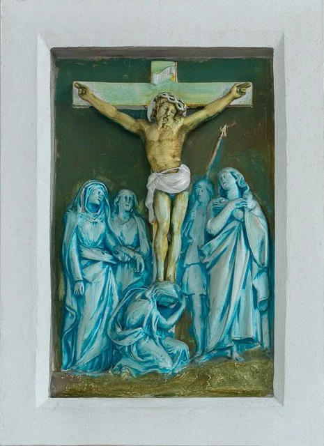 Religious scene depicting Jesus Christ crucified on the cross with four mourning women at His feet, painted in blue and green tones.