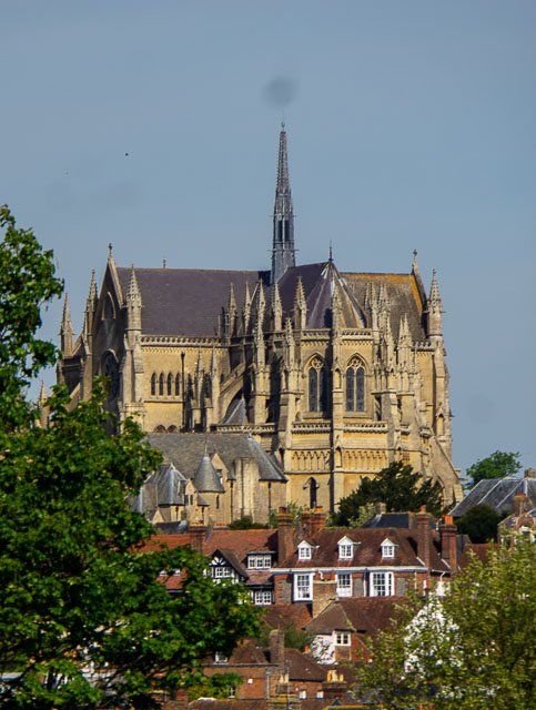 A large Gothic-style cathedral with pointed arches and spires, viewed from a distance above a neighborhood with residential houses and trees.
