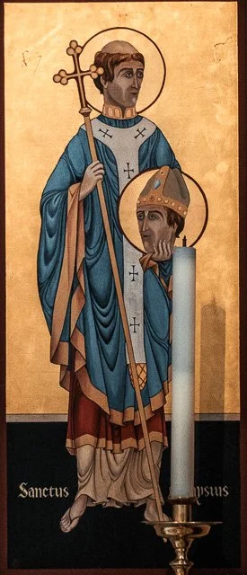 Religious painting of two saints with halos, one holding a staff and the other with a crown and a candle, in traditional Christian iconography style.