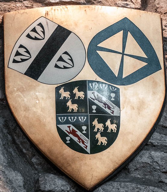 A shield-shaped emblem featuring a collection of emblems and heraldic symbols, including animals and geometric shapes, displayed on a carved stone background.