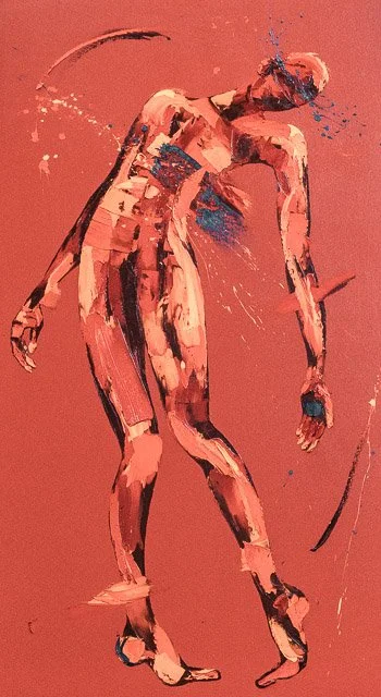 Abstract painting of a nude female figure with short hair, leaning backward on a coral background.