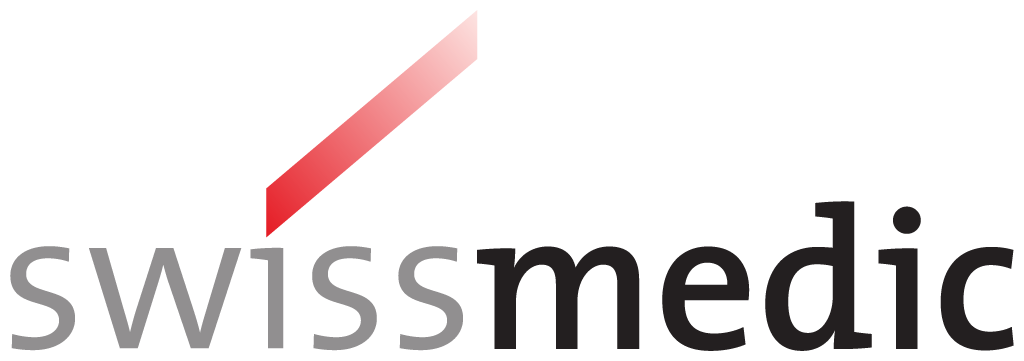 Logo mit roten diagonalen Streifen und dem Text "swiss medic" darunter.