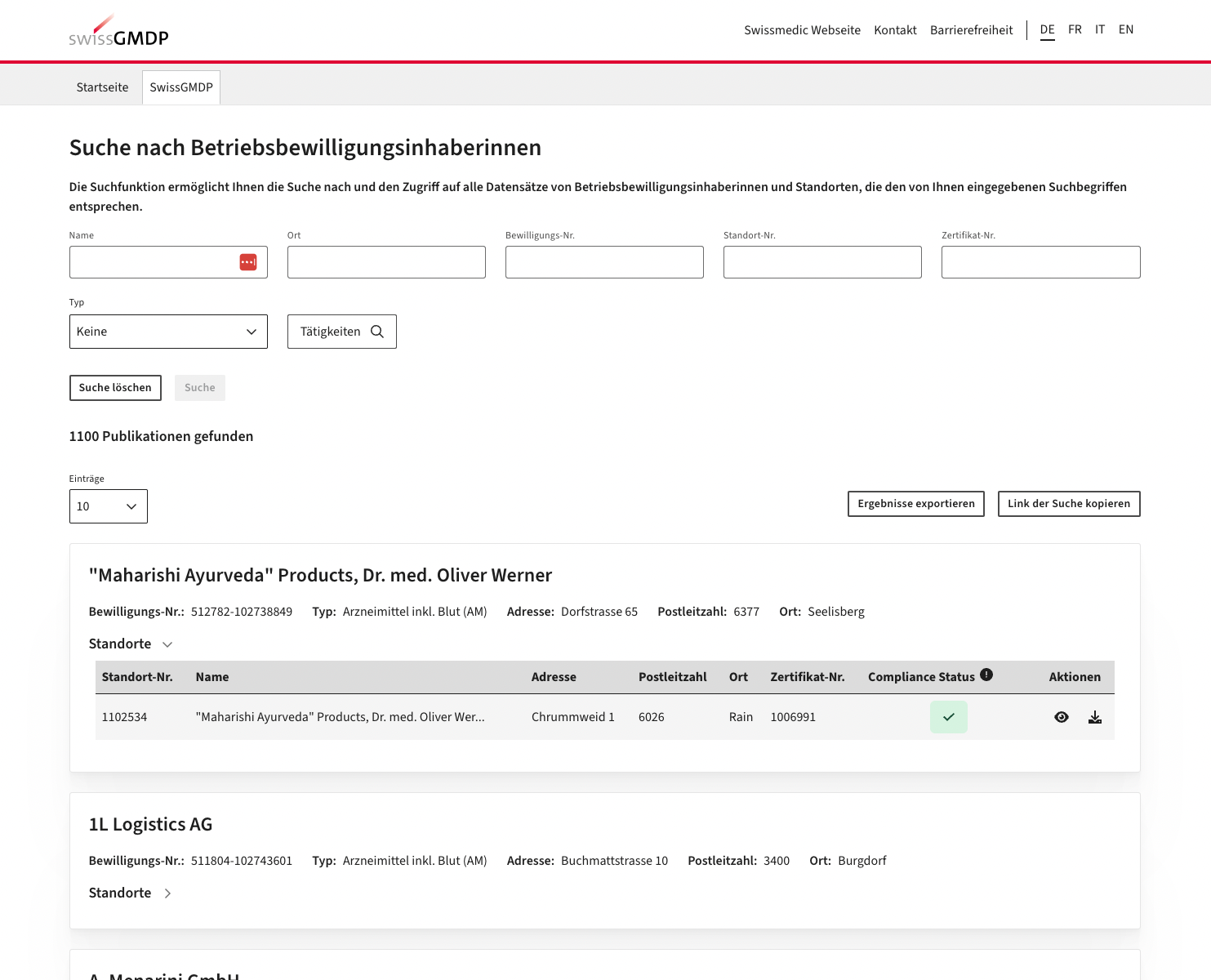 Screenshot einer Webseite für die Suche nach Betrieberlaubnisinhabern, mit Suchformularen und einer Liste von Ergebnissen zu einer Firma namens "Maharishi Ayurveda" Products, Dr. med. Oliver Werner, mit Standortdetails und Compliance-Status.