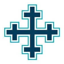 Four-pointed cross with additional cross shapes at each end, blue and black color scheme.