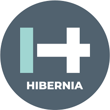 Logo with a large plus sign, the letter 'I' in light blue, and the word 'HIBERNIA' underneath, on a dark gray circular background.