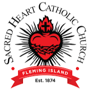 Logo of Sacred Heart Catholic Church featuring a red heart with a cross and flames, surrounded by the text Sacred Heart Catholic Church, Fleming Island, established 1874.