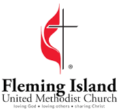 Fleming Island United Methodist Church logo with a stylized cross and flame, and the text 'Fleming Island United Methodist Church, loving God, loving others, sharing Christ'.