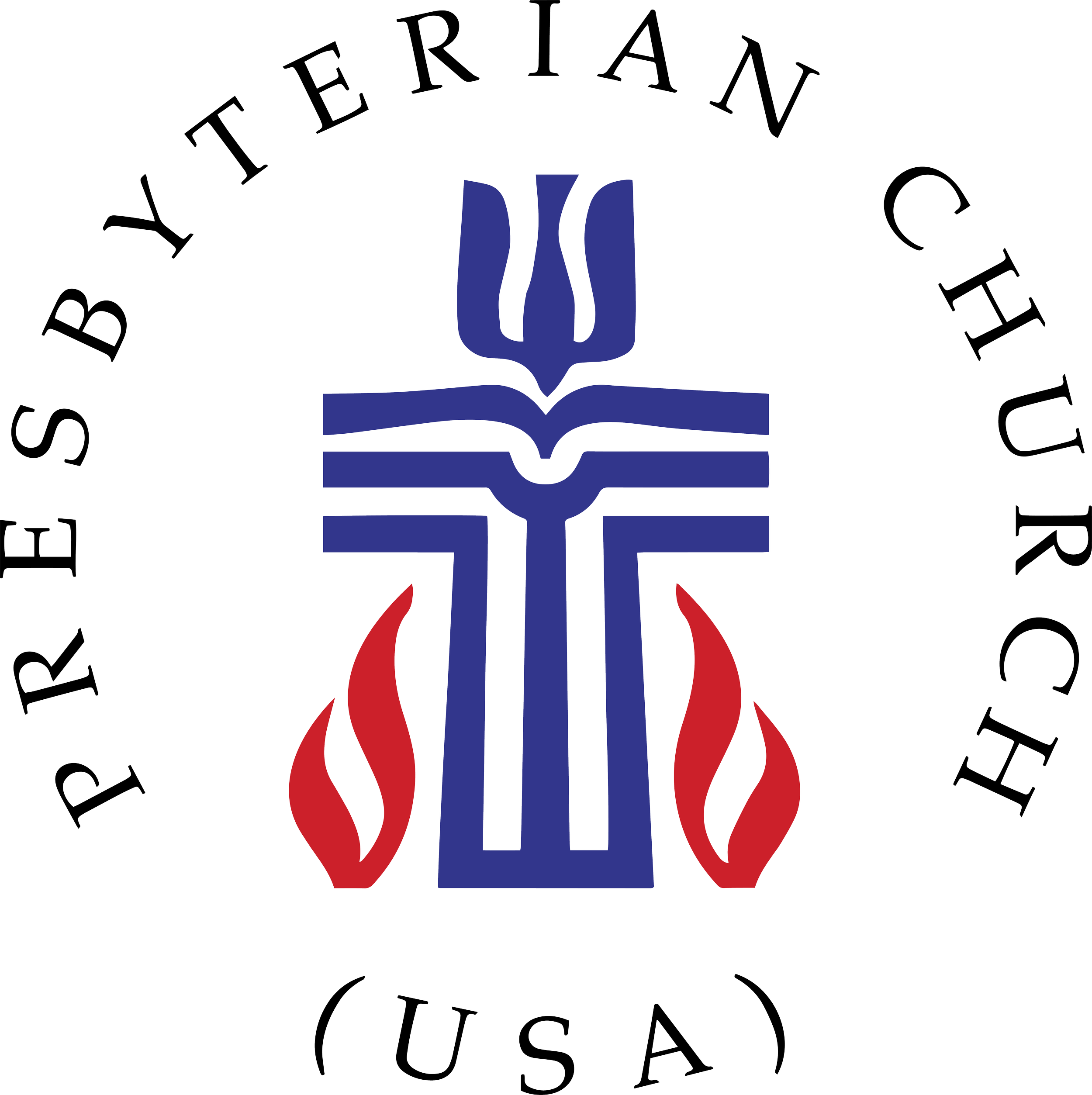 Logo of the Presbyterian Church in the USA, featuring a blue stylized cross with a flame, encircled by the text "Presbyterian Church in the USA."