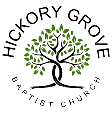Logo for Hickory Grove Baptist Church featuring a stylized green and black tree with circular text around it