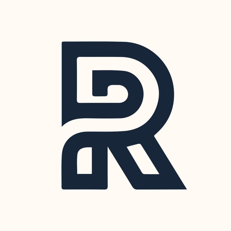 Stylized letter R logo in black on a white background.