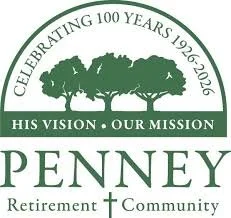 Logo celebrating Penney Retirement Community's 100 years with a tree and text.