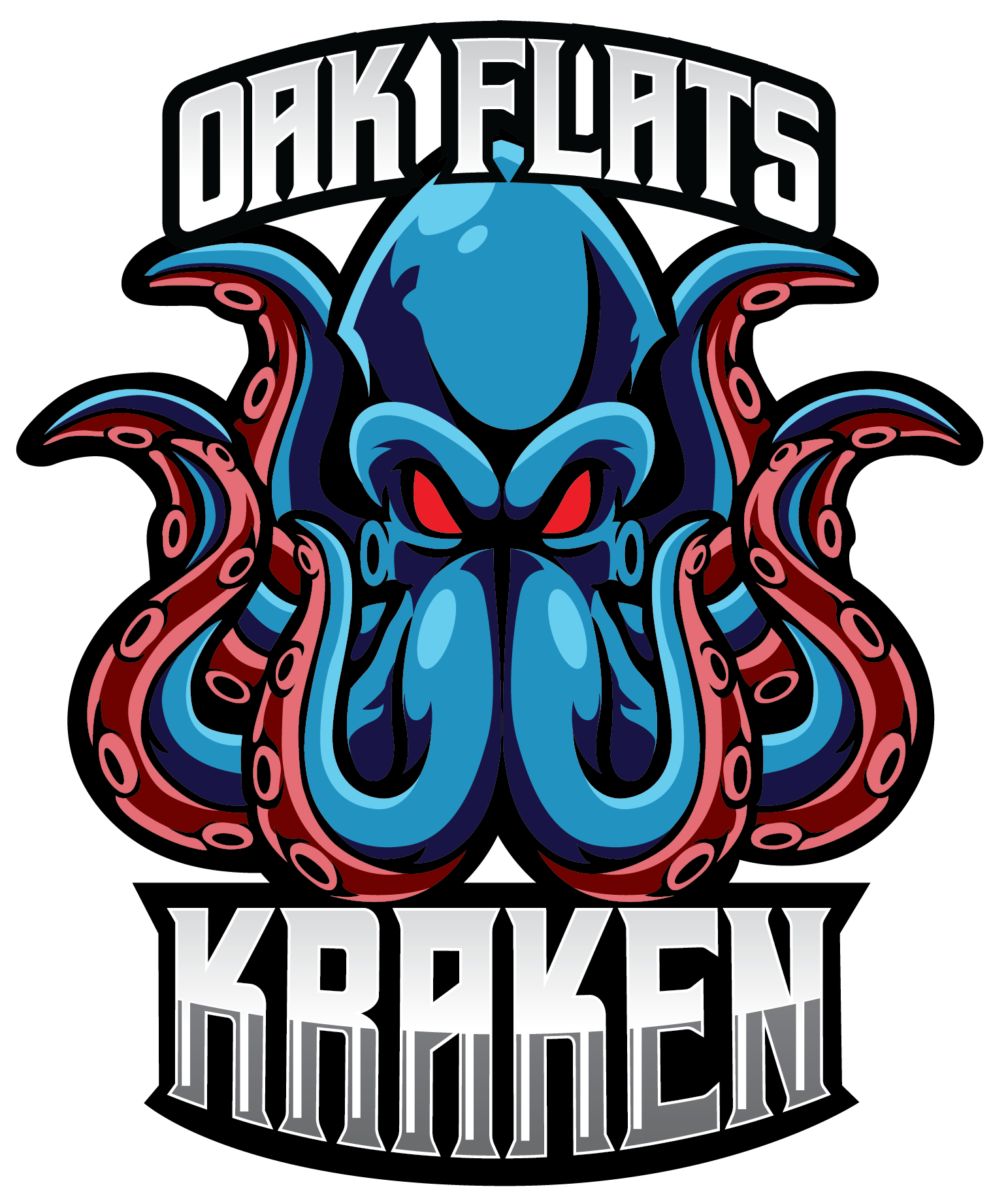 Logo of Oak Flats Kraken featuring a stylized octopus with red eyes and blue and red tentacles, with the text 'Oak Flats Kraken' above and below the octopus.