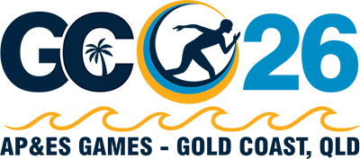 Logo for the 2026 Commonwealth Games in Gold Coast, Queensland, featuring a swimmer, palm tree, and ocean wave design.