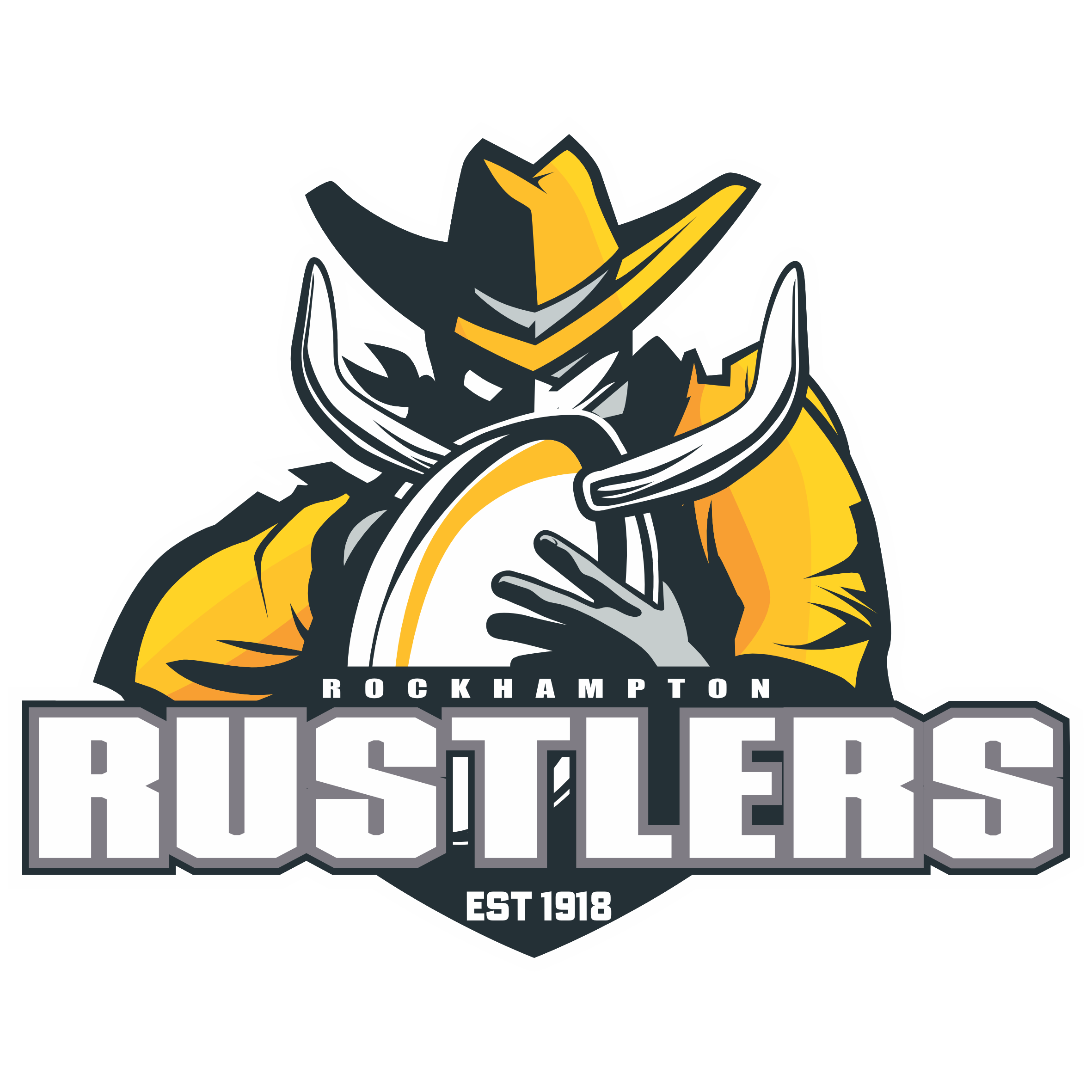 Logo of the Rockhampton Rustlers, a stylized cowboy figure playing an electric guitar, with the team name and establishment year 1918.