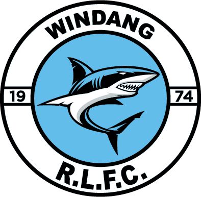 Logo of Windang R.L.F.C. featuring a shark in the center, with the text 'WINDANG R.L.F.C.' around the top and bottom, and the years '1974' on either side.