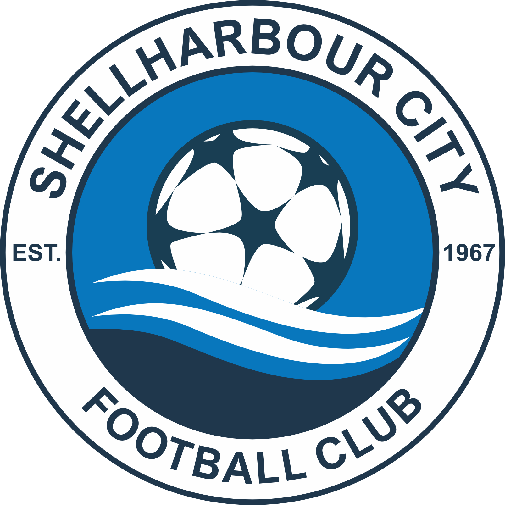 Logo of Shellharbour City Football Club featuring a stylized soccer ball with waves underneath, encircled by the club name and established year 1967.