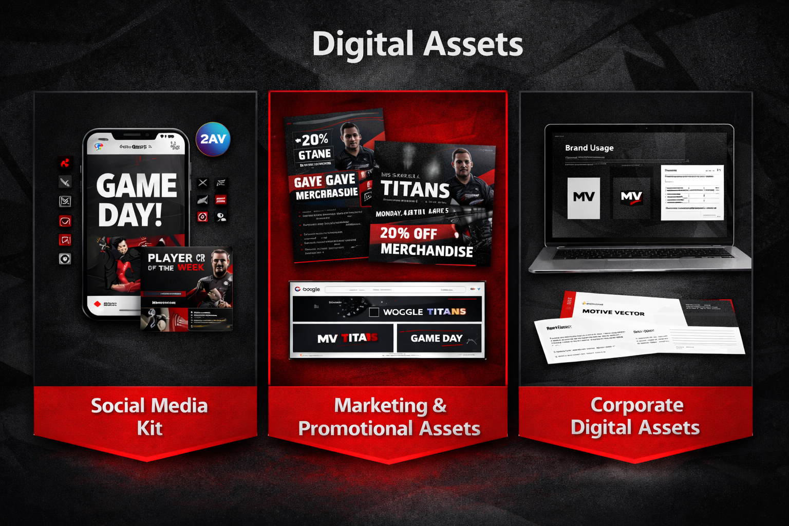 A digital presentation slide showing three categories of digital assets related to gaming and marketing. The first category on the left is 'Social Media Kit' with a smartphone display and social media icons. The middle category is 'Marketing & Promotional Assets' featuring flyers, banners, and a web browser with gaming content. The right category is 'Corporate Digital Assets' with a laptop displaying brand usage guidelines and printed documents.