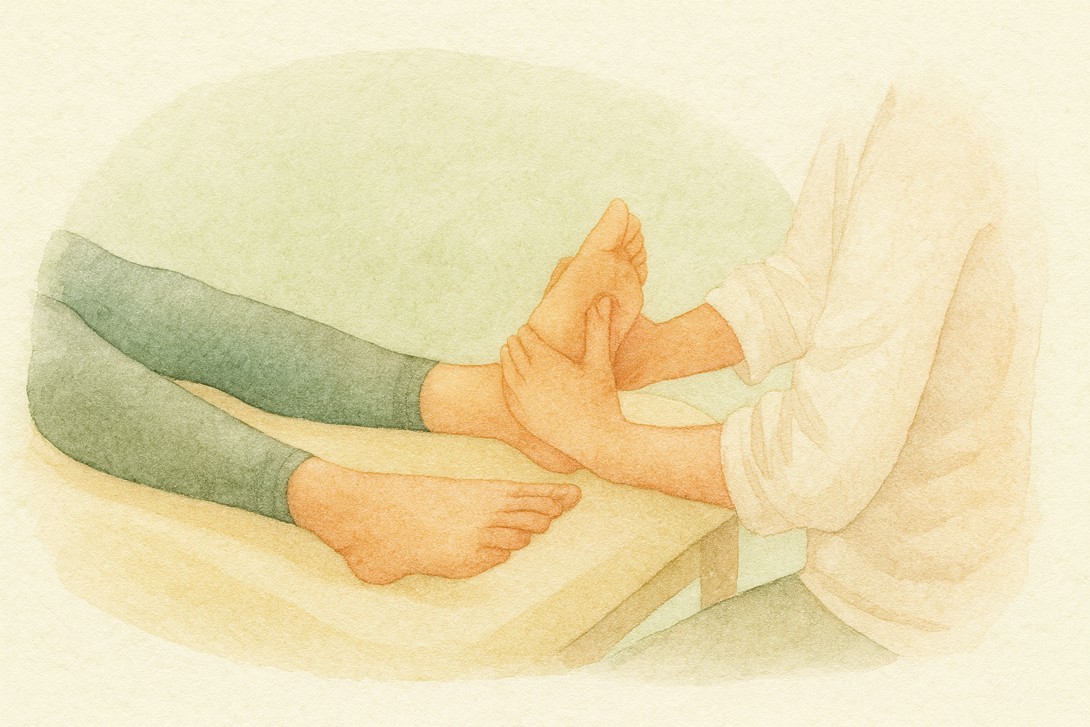 Illustration aquarelle d’une séance de réflexologie plantaire, symbolisant un soin énergétique des pieds pour rétablir l’équilibre du corps et des émotions – Binâme Lasne.