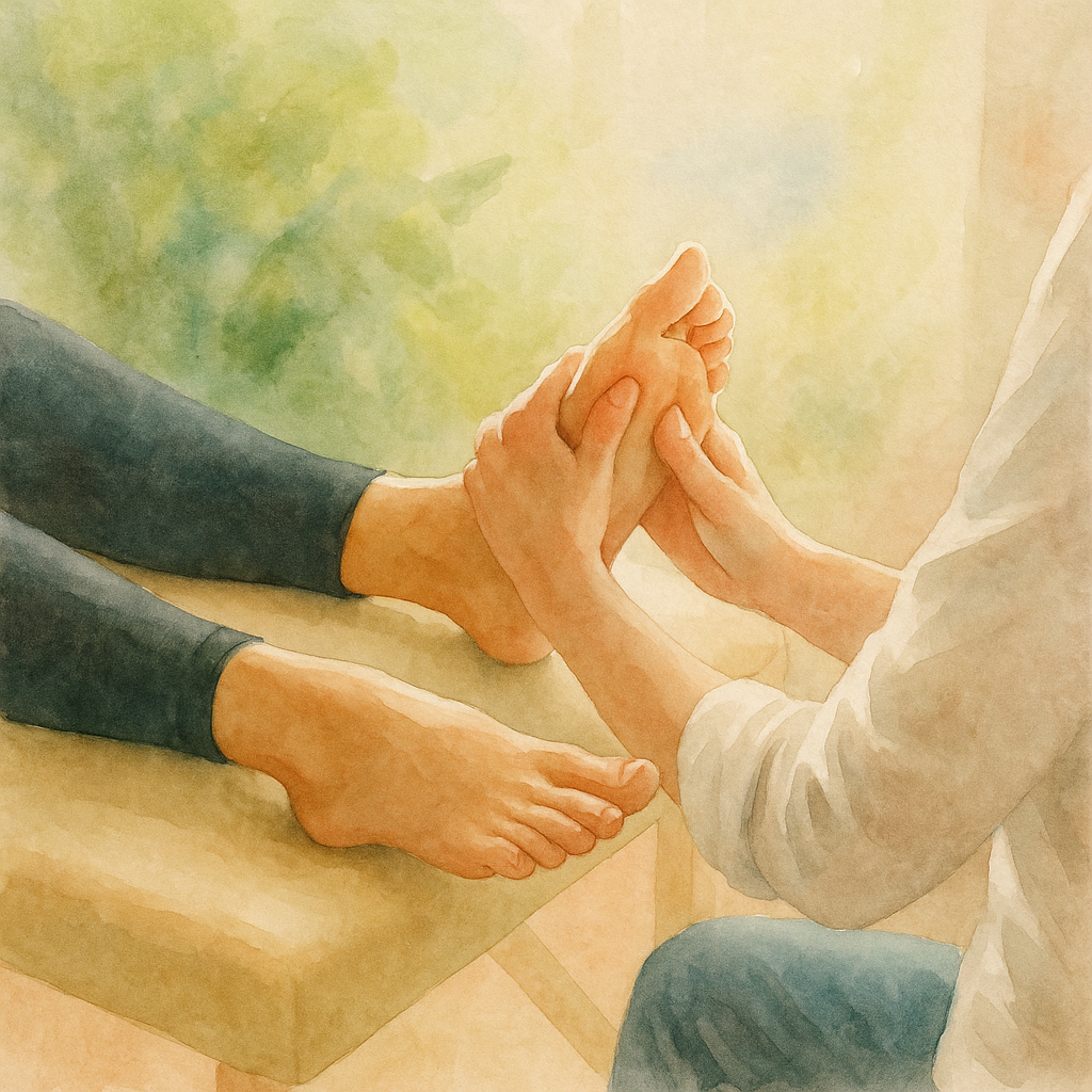 Illustration aquarelle d’une séance de réflexologie plantaire, symbolisant un soin énergétique des pieds pour rétablir l’équilibre du corps et des émotions – Binâme Lasne.