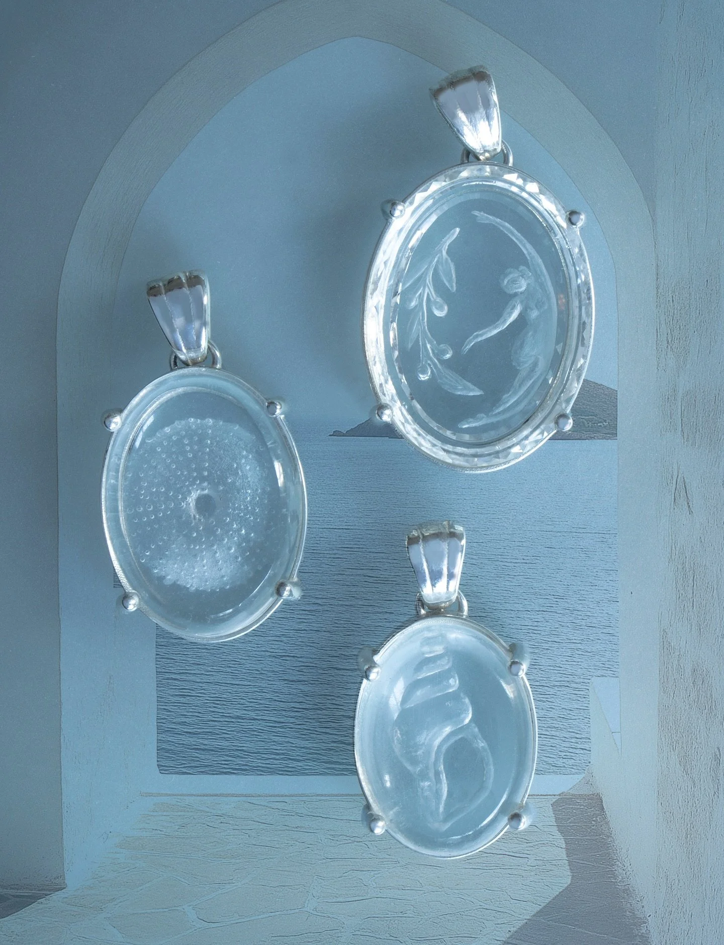 One-of-a-Kind Summer Pendants &ndash; Available Now 

Introducing the first three pieces from my Mediterranean-inspired summer series: hand-carved reverse intaglios in clear quartz. Each pendant is a unique work of art, inspired by the sea and made t