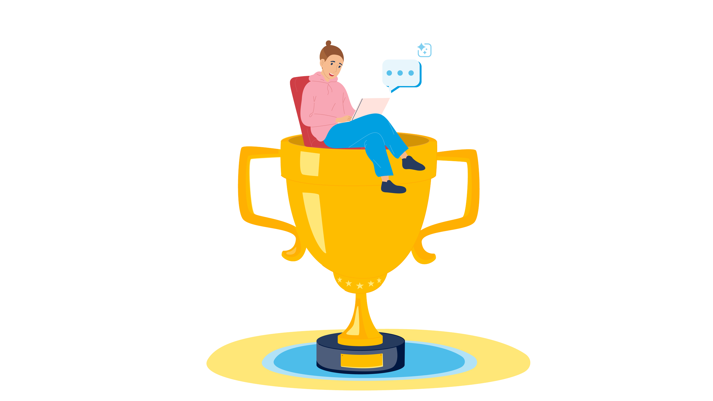 Illustration of a person sitting inside a large trophy, using a laptop, with a speech bubble.