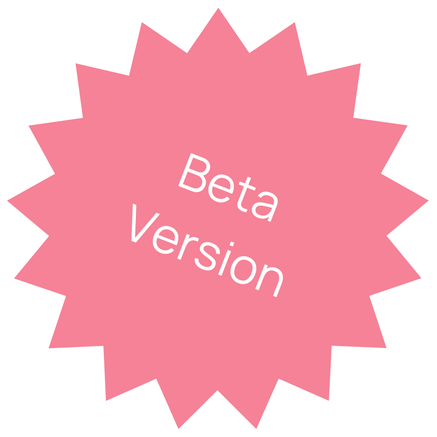 Pink starburst shape with text "Beta Version."