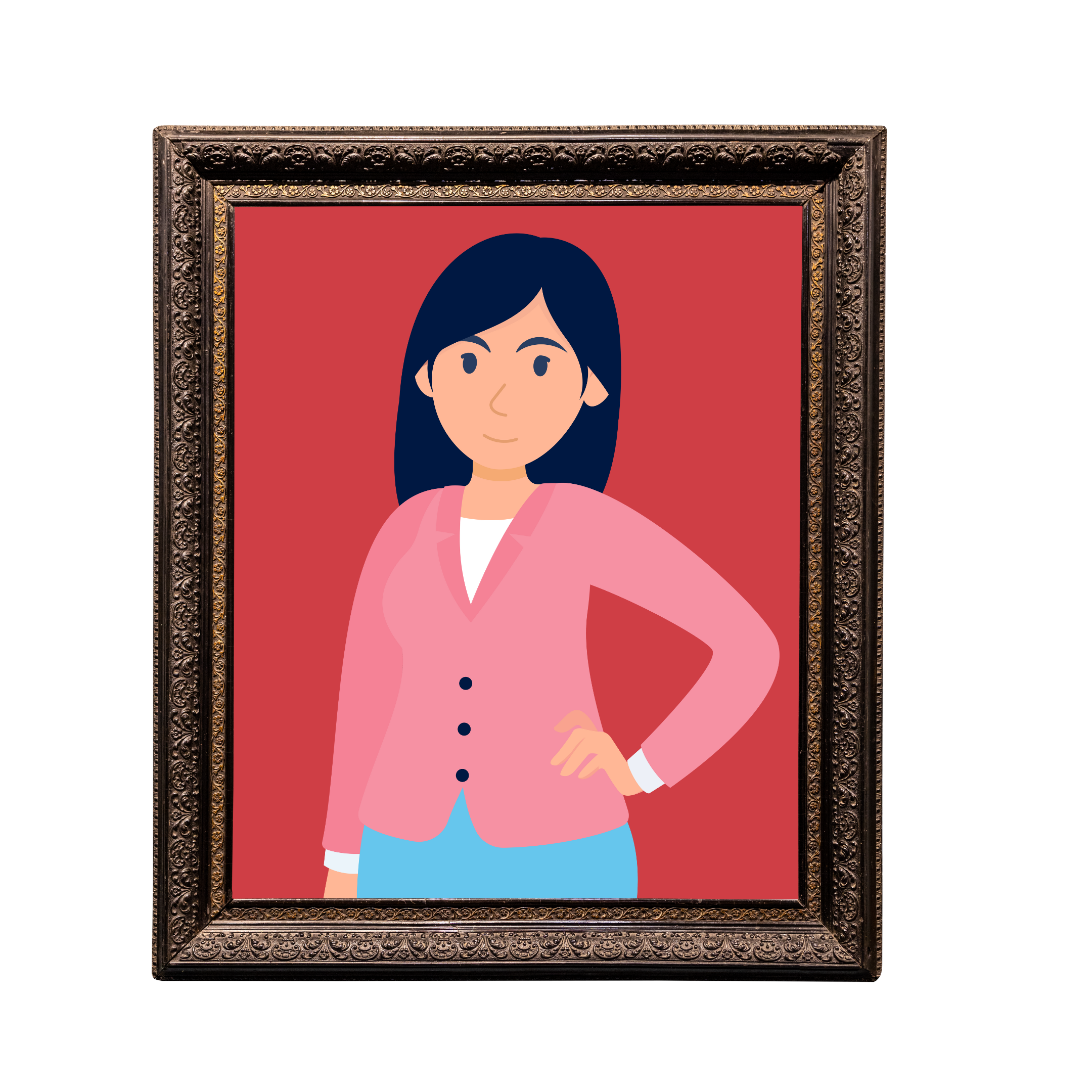 Framed illustration of a woman with dark hair wearing a pink blazer on a red background.