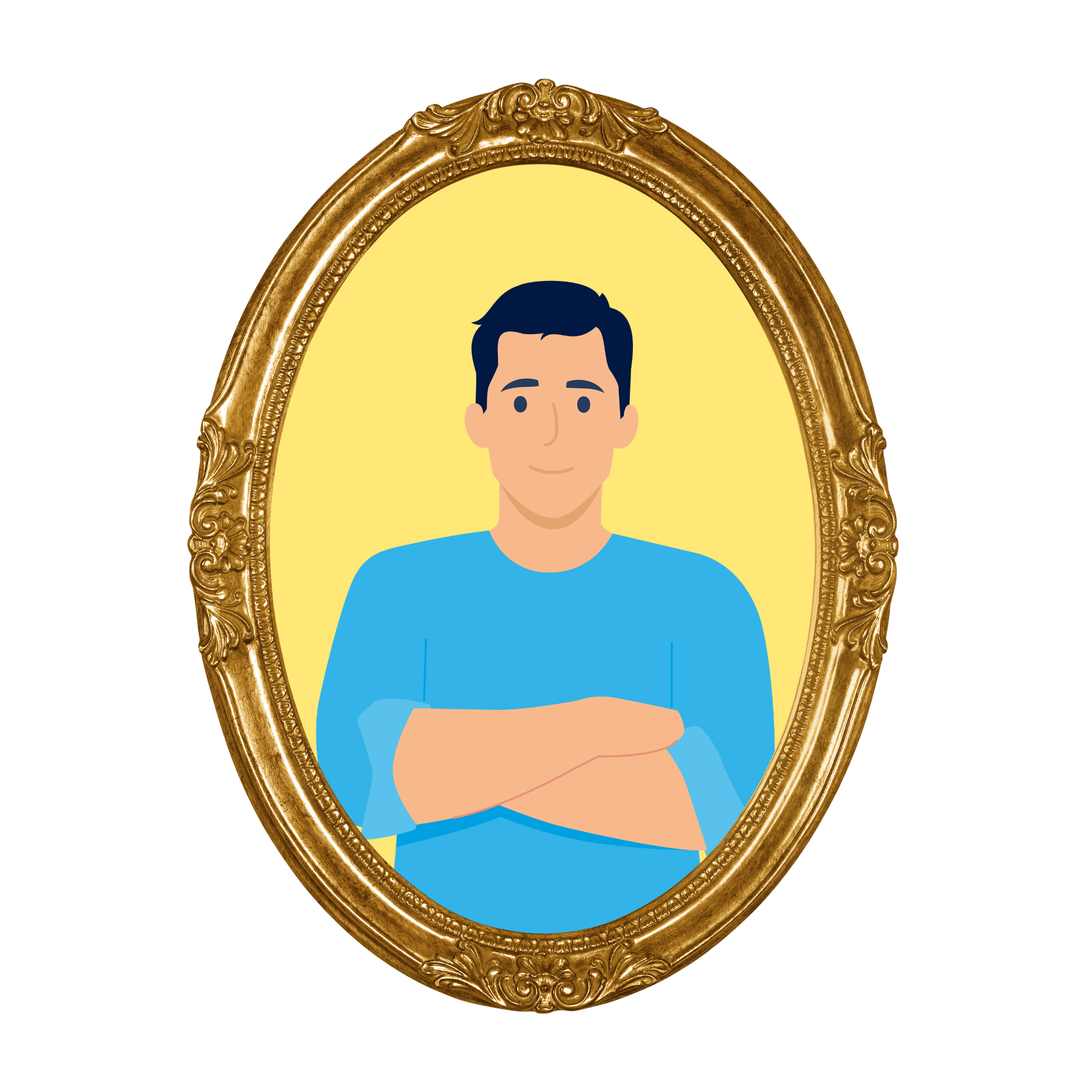 Illustration of a person in a blue shirt inside an ornate oval gold frame, with a yellow background.
