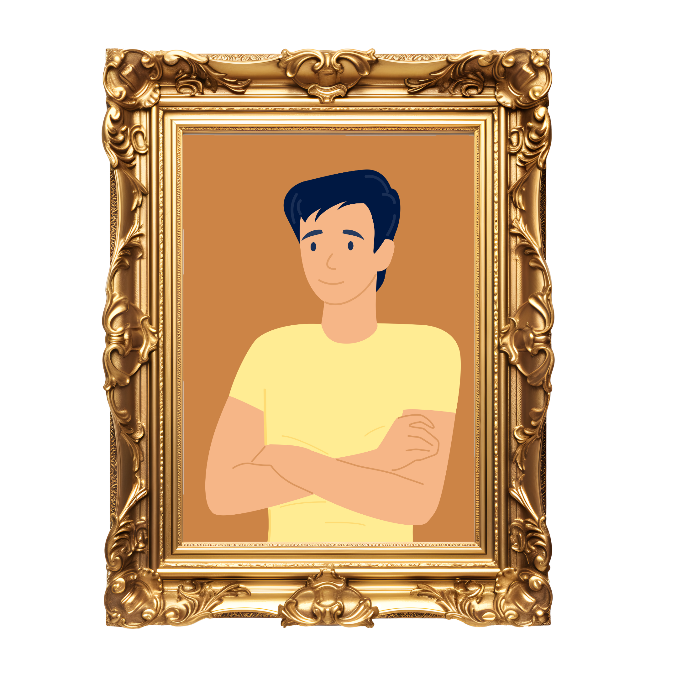 Illustration of a smiling man with crossed arms in a yellow shirt, framed in a decorative gold frame.
