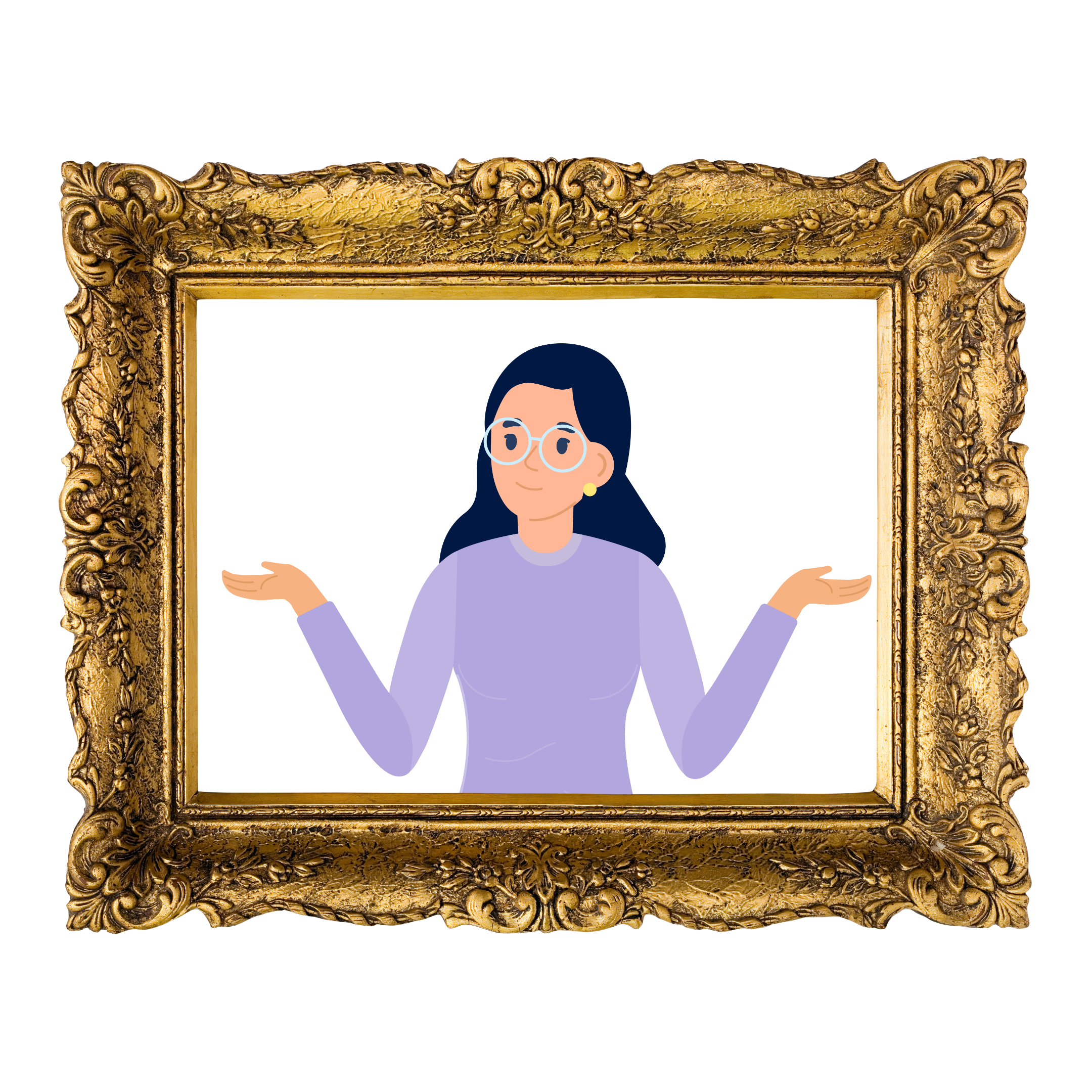 Illustration of a woman with glasses and dark hair, wearing a purple sweater, making a shrugging gesture, framed in a decorative gold frame.