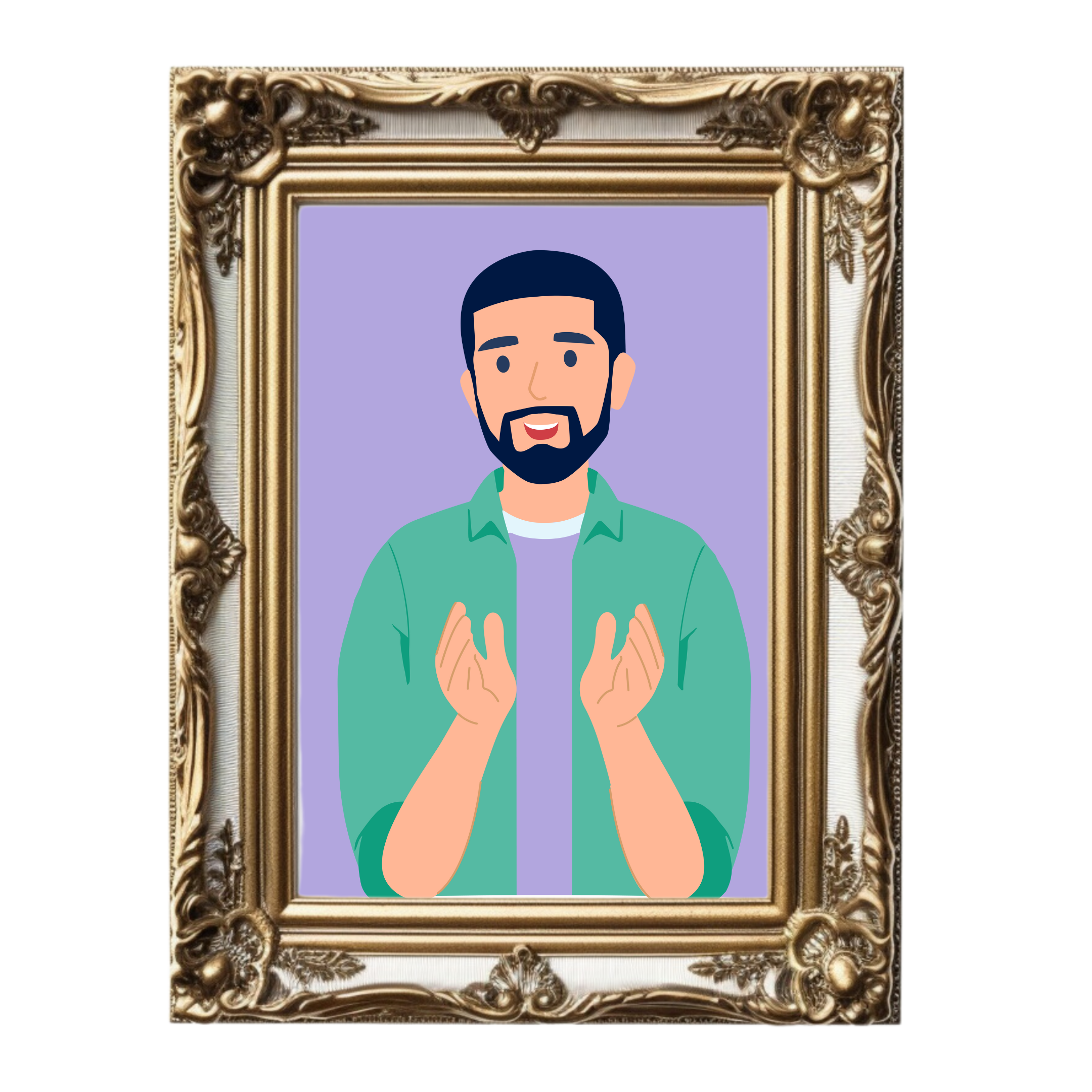 Illustration of a bearded man with a green shirt, depicted in a vintage-style ornate gold frame against a purple background.