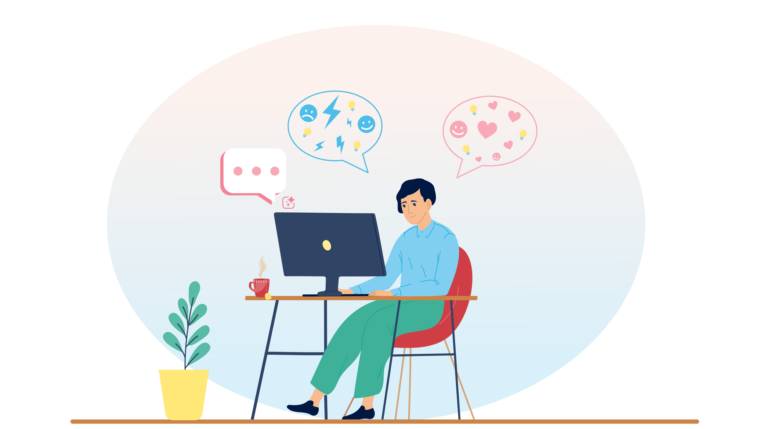 Illustration of a person sitting at a desk with a computer, surrounded by speech bubbles showing various emotions, including happy and sad faces. A potted plant and steaming cup of coffee are on the desk. Background has a gradient of pink to blue.