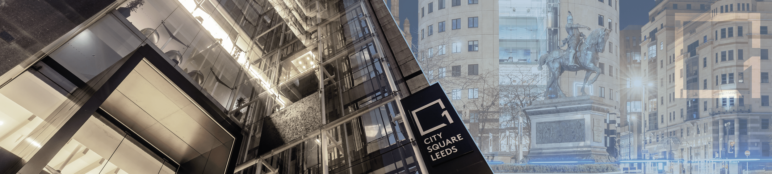 Photo of a modern glass building with a sign that says 'City Square Leeds' and an equestrian statue in the background.