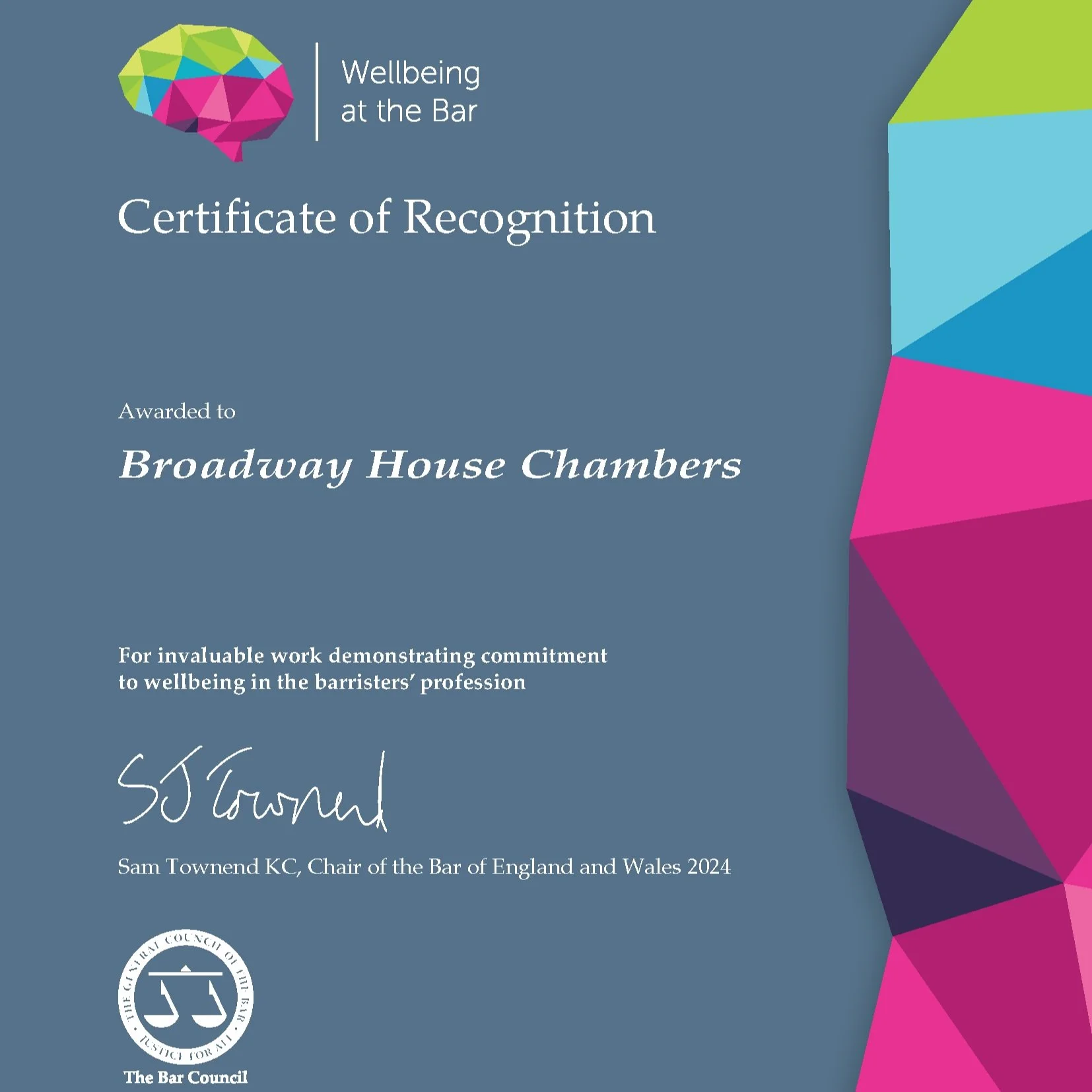 Broadway House Chambers Awarded Bar Council’s Wellbeing at the Bar Certificate