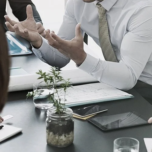 Businessperson in white shirt and tie gesturing with hands during a discussion at a meeting table with documents, a tablet, and a small plant.