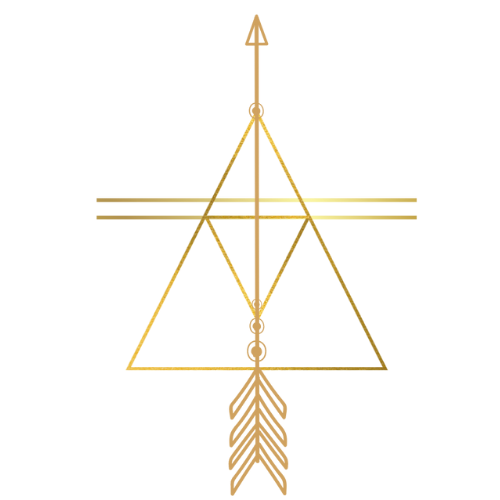 Ein geometrisches Diagramm, das eine Kombination aus Pfeilen, Dreiecken und Linien in Gold-, Rot-, Gelb- und Lilafarben zeigt.
