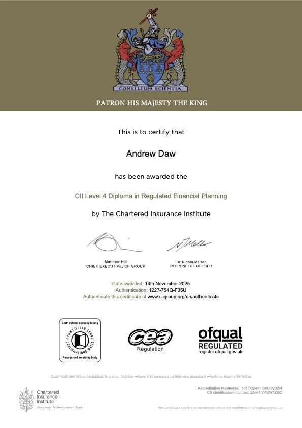 Certificate awarded to Andrew Daw for a CII Level 4 Diploma in Regulated Financial Planning from The Chartered Insurance Institute, dated November 14, 2025, featuring the CII crest and logos of regulatory bodies.