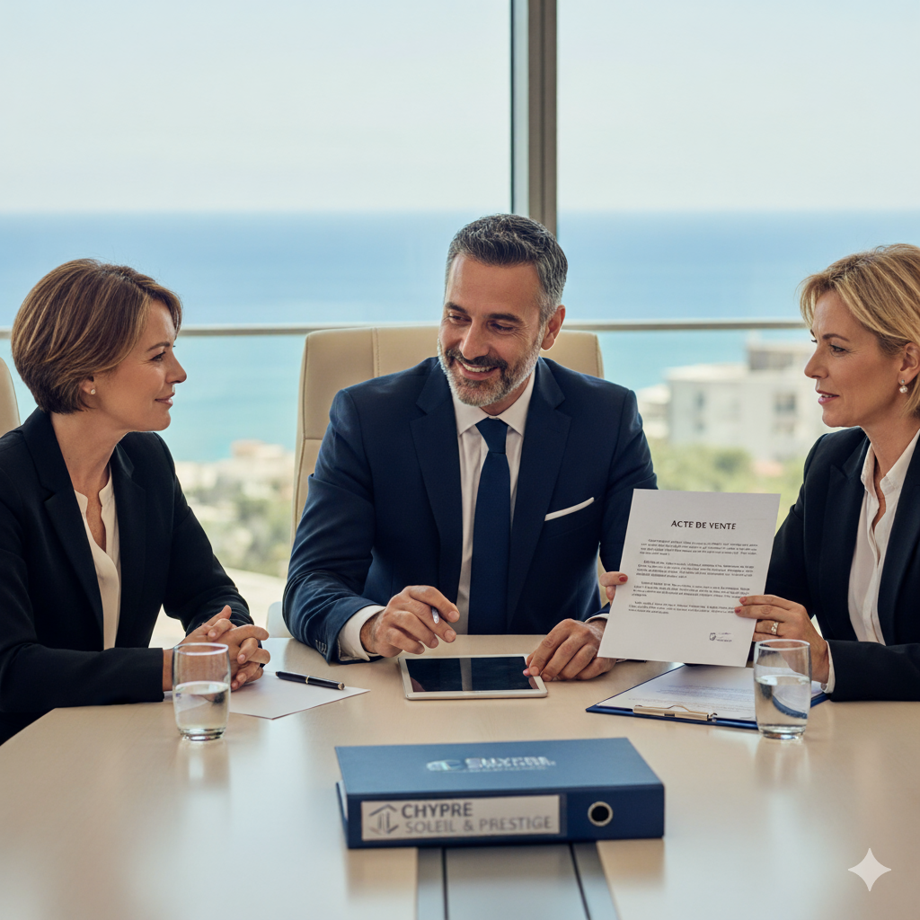 Trois personnes en réunion d'affaires, une femme et deux hommes, discutent autour d'une table dans un bureau avec vue sur la mer. La femme de gauche et la femme de droite portent des costumes noirs, l'homme du centre porte un costume bleu. La femme de droite tient un document intitulé 'Acte de vente'.