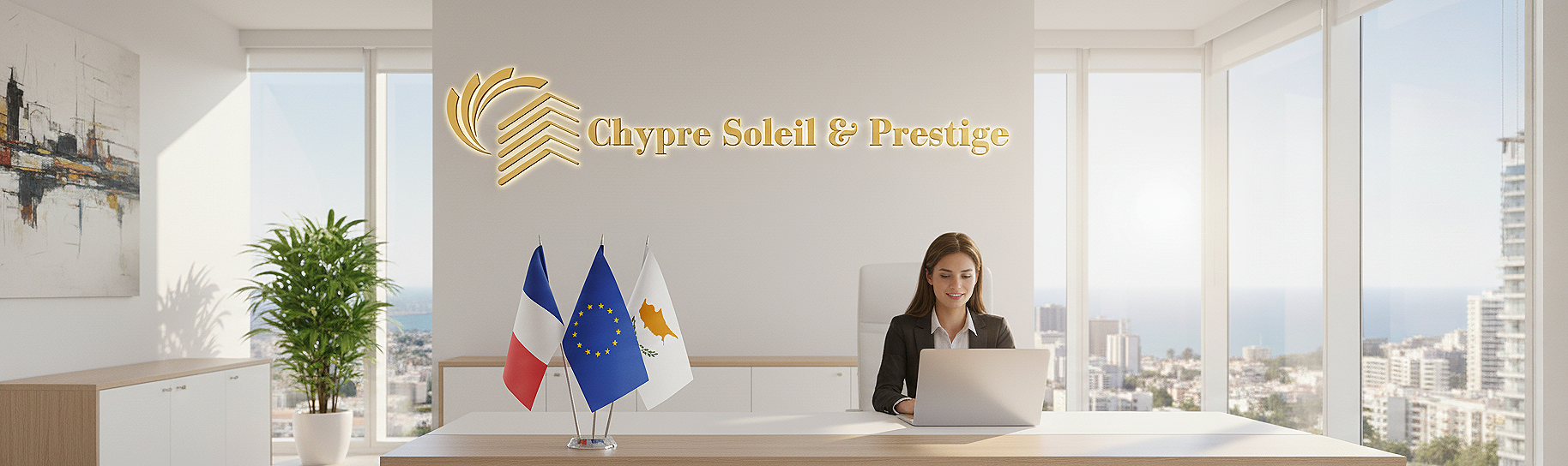 Une femme assise à un bureau dans une salle de conférence moderne, avec des drapeaux français, européen et chypriote, un tableau blanc, une plante verte, et une vue panoramique en arrière-plan, avec une enseigne en or "Chypre Soleil & Prestige" sur le mur.