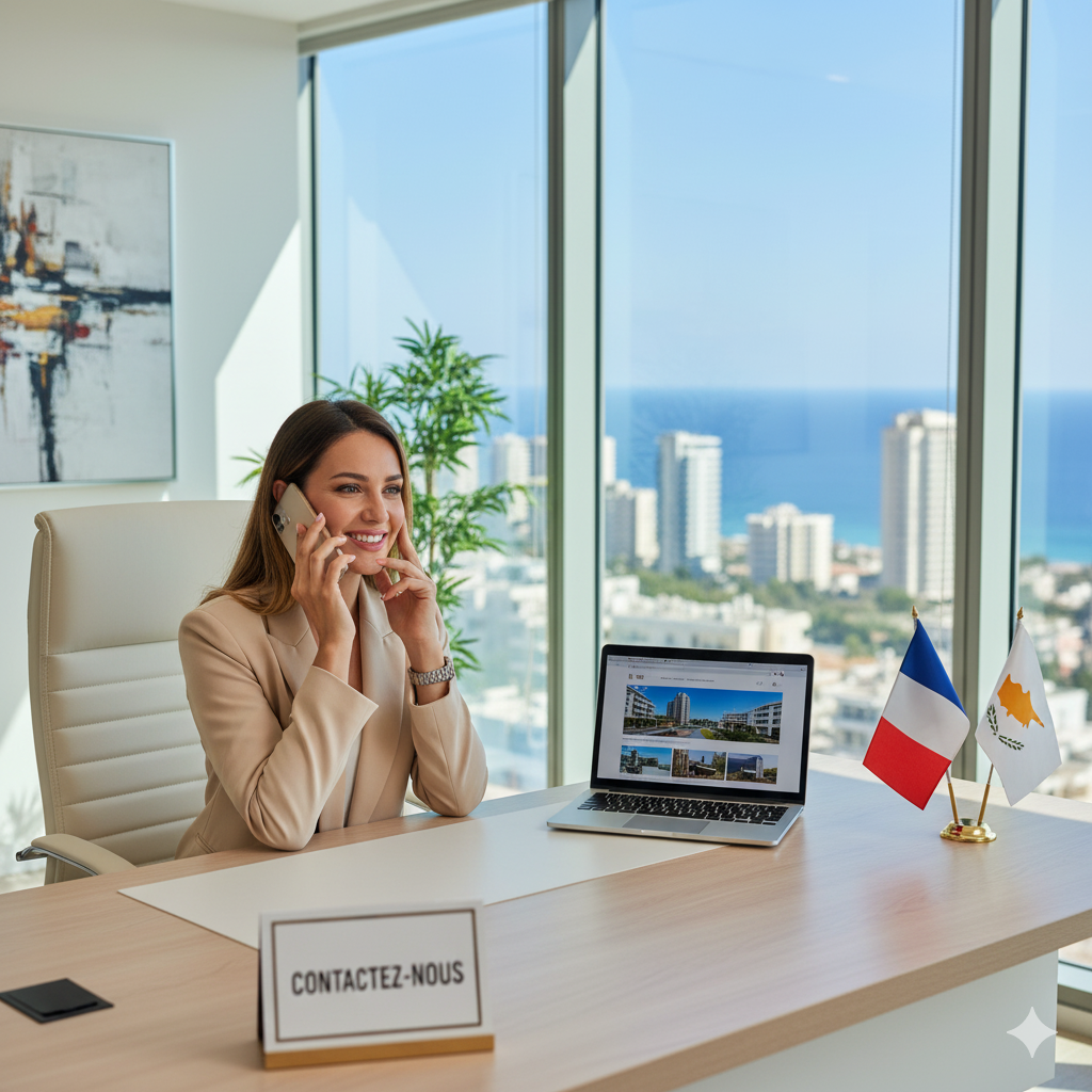 Une femme d'affaires souriante parle au téléphone dans un bureau moderne avec vue sur la mer. Sur son bureau, il y a un ordinateur portable affichant des bâtiments, deux drapeaux (français et chypriote), un panneau 'Contactez-Nous' et une tablette.