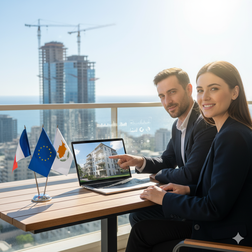 Deux personnes assises à une table en réunion, une homme et une femme, regardant un ordinateur portable affichant un bâtiment résidentiel, avec des drapeaux français, européen et un drapeau régional sur la table, dans un bureau avec vue sur le cityscape et des chantiers de construction.