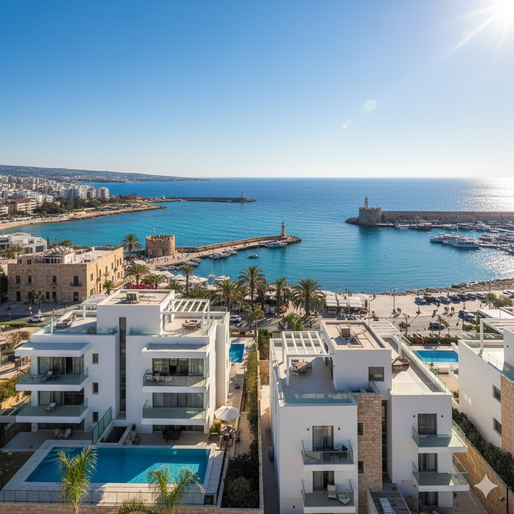 Vue aérienne d'une côte méditerranéenne avec un port, des bâtiments modernes, des yachts, des palmiers et une mer bleue sous un ciel ensoleillé.