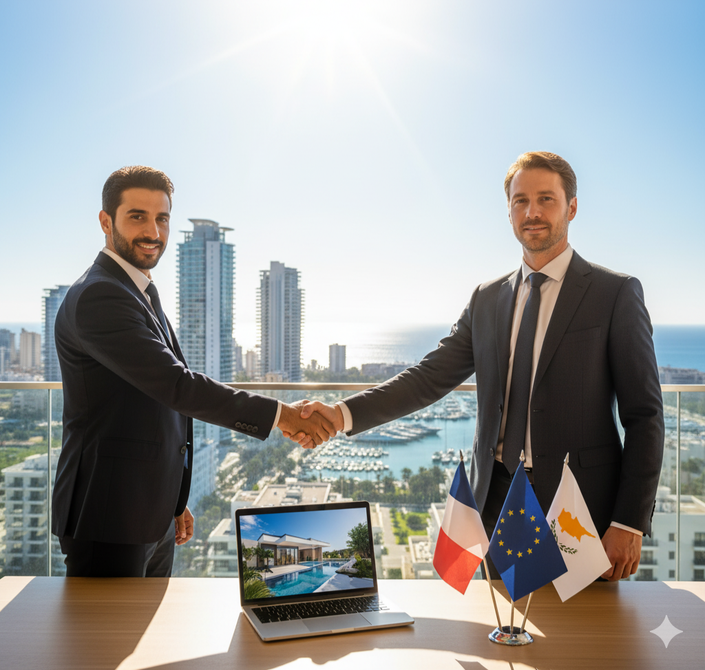 Deux hommes en costume se serrent la main lors d'une réunion d'affaires dans un bureau avec vue sur la mer et la ville. Sur la table, un ordinateur portable affichant une maison avec piscine, et des drapeaux de la France, de l'Union européenne et de Chypre.