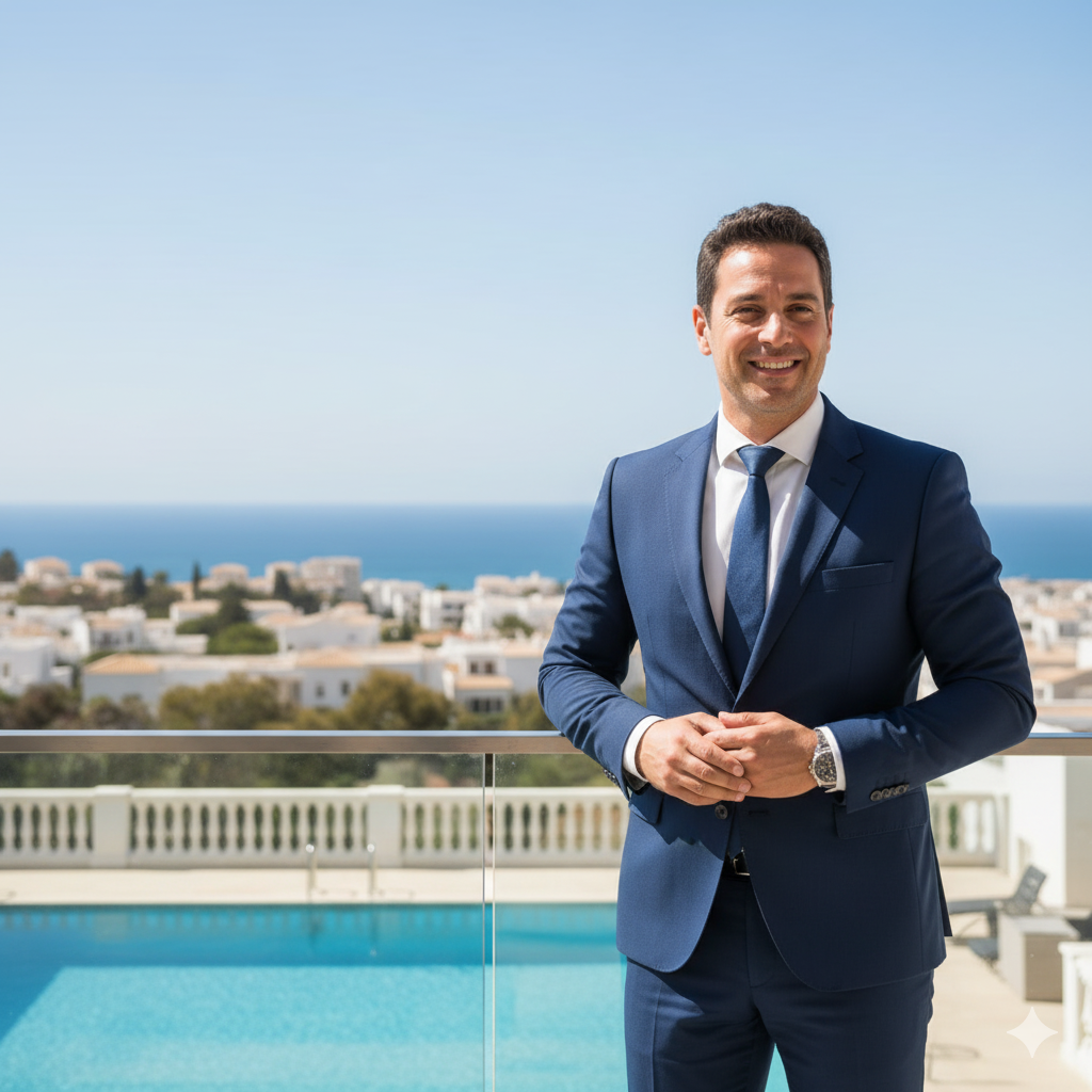 Homme en costume bleu souriant devant une vue de la mer et de bâtiments résidentiels