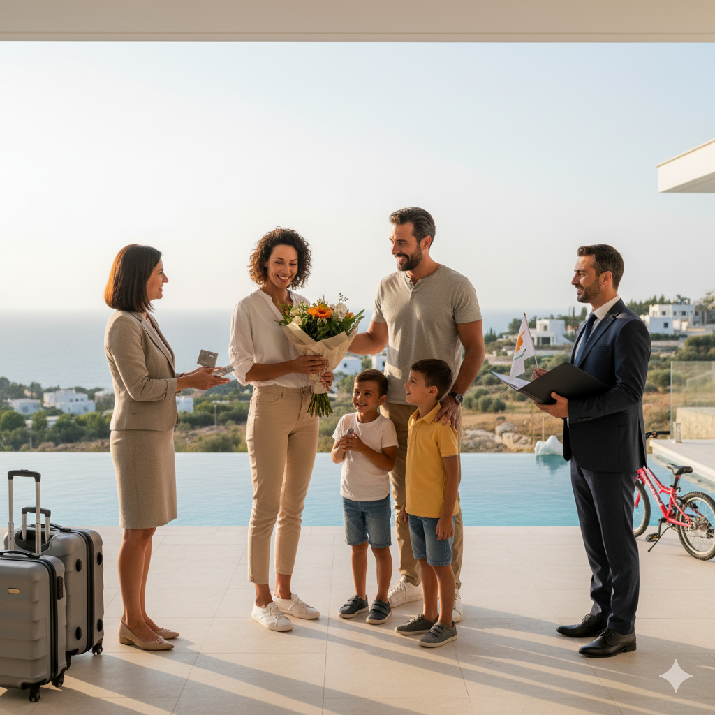 Famille arrivant à une piscine extérieure avec une vue sur la mer, accueillie par deux agents d'accueil, lors d'une cérémonie ou d'une réception
